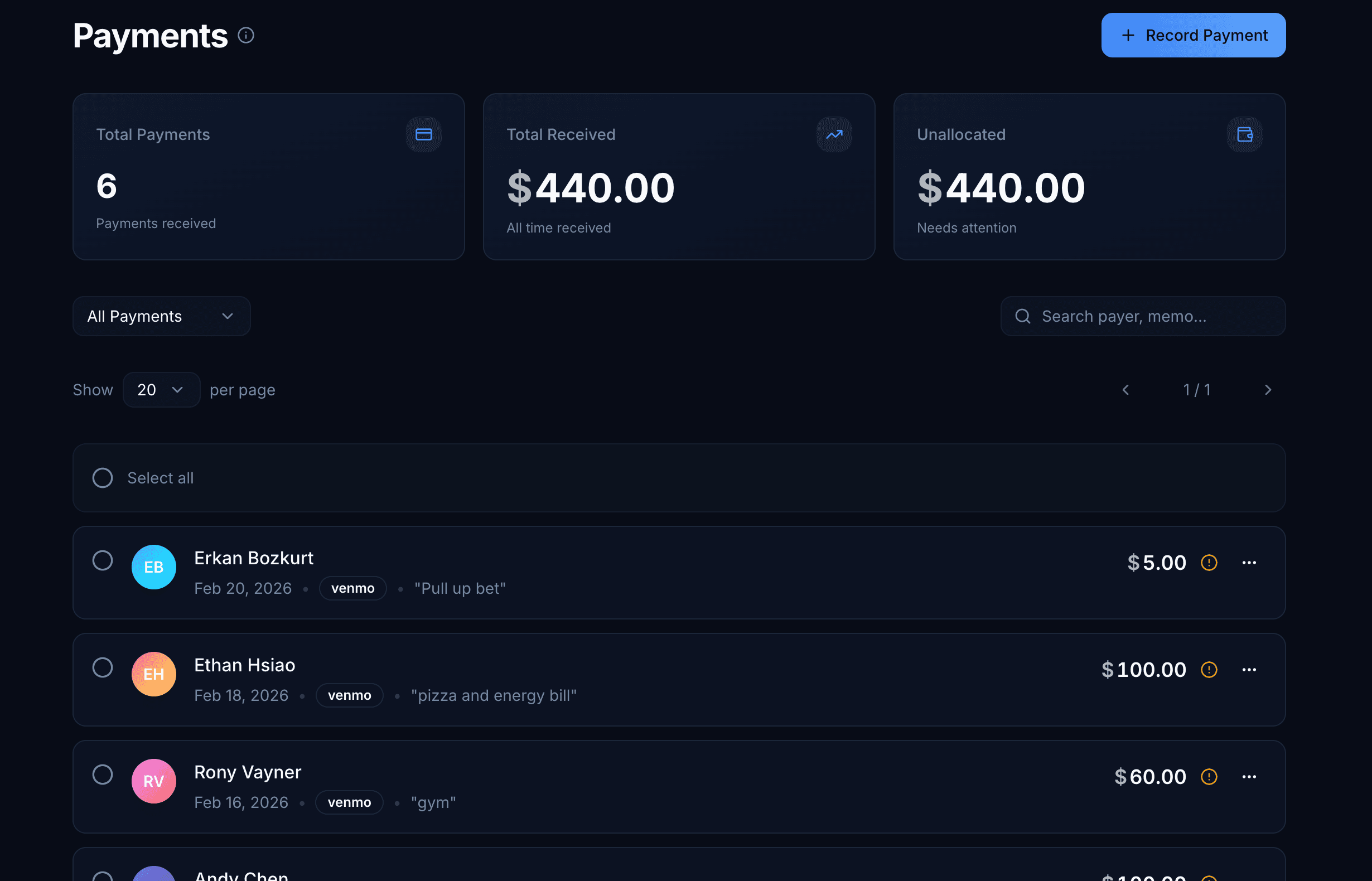 Payments screenshot